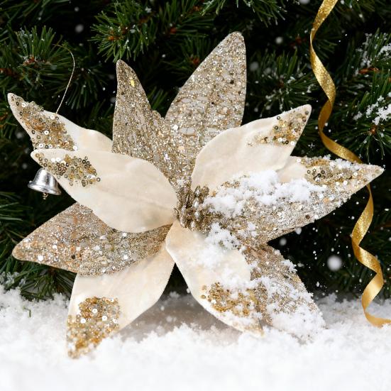 Fleurs de Poinsettia en Tissu à Paillettes de Noël 11 Pouces Grandes Artificielles à Paillettes Ornements d'Arbre de Noël pour Mariage Fête de Fin d'Année