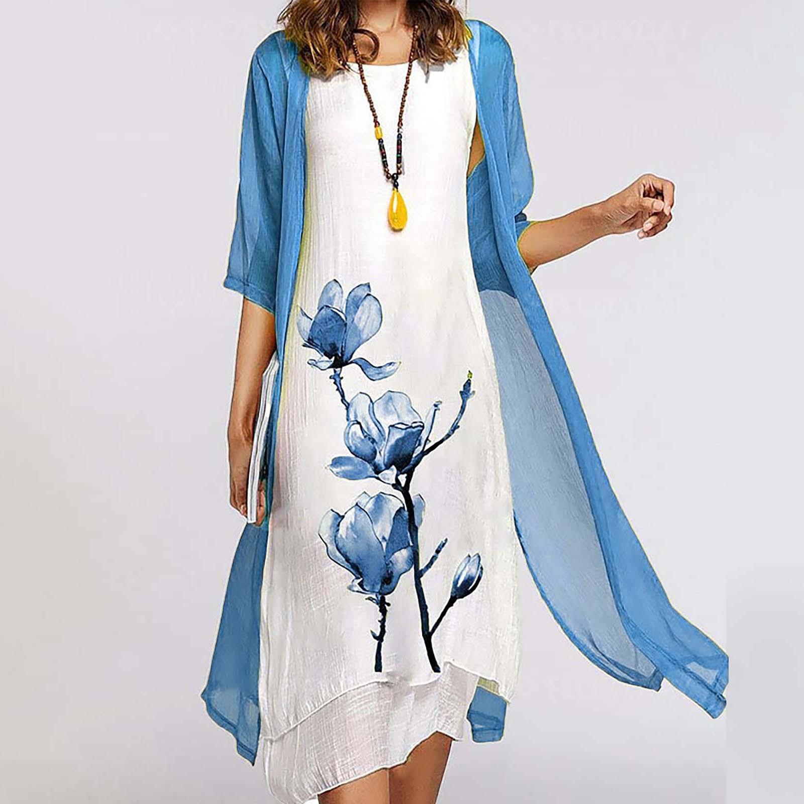 

Женское повседневное модное платье с круглым вырезом и принтом средней длины из двух частей синий