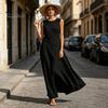 Solid Color Women Dress Women's Sleeveless Cotton Linen Dress, Casual Irregular Hem Crew Lightweight Summer Neck Long Loose Beach Vacation Sundress