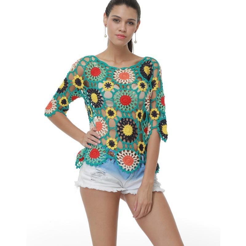 Women's Summer Handmade Crochet Hollow Floral Beach Cover-up Top