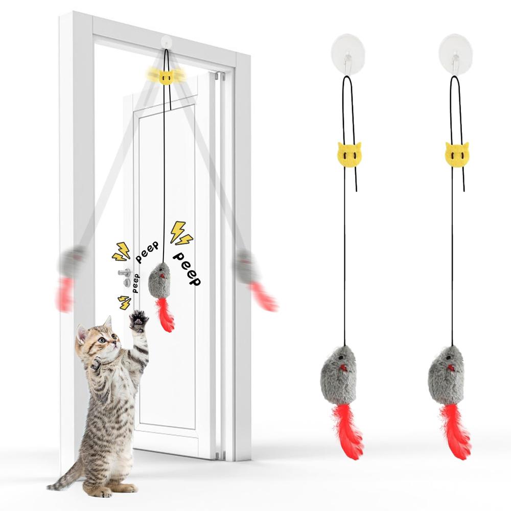 Cat Toys for Indoor Cats Adult Kitten, 2 Pcs Door Hanging Interactive Cat Mice Toys with Squeaky Sound & Feather Tail
