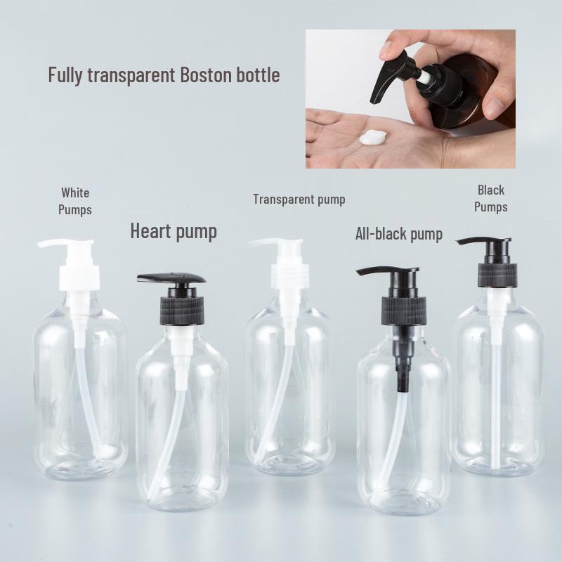 500ml Clear Plastic Shampoo & Shower Gel Bottle with Screw Pump - Long Neck, Round Shoulder R28 Black Flat Cover; 500ml Frosted Boston; PET