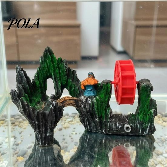 Moss Rock Aquarium Decor Spinning Waterwheel, Fish Tank Ornament, Mini Rockery Mountain Waterwheel Air Bubbler, Resin Ornament Aerating Action Hideout