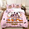 3-piece Halloween Pink Ghost, Castle Pattern, 1 Quilt Cover+2 Pillowcases, Coreless, Soft and Comfortable Duvet Cover Set