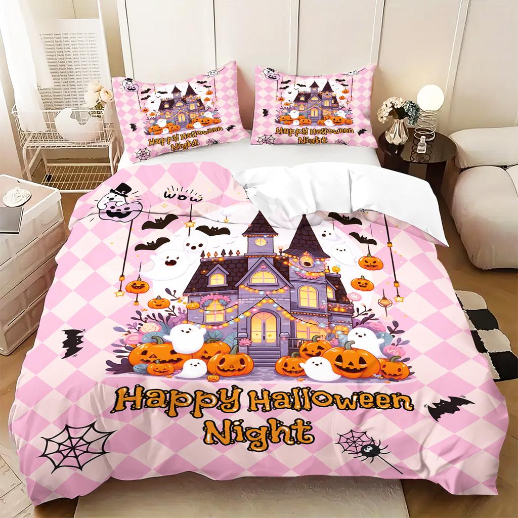 3-piece Halloween Pink Ghost, Castle Pattern, 1 Quilt Cover+2 Pillowcases, Coreless, Soft and Comfortable Duvet Cover Set