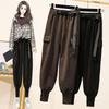 Women Casual Pants Large Size Warm Bundle Feet Pocket Elastic Waist Korean Style Chic Simple Harem Pants