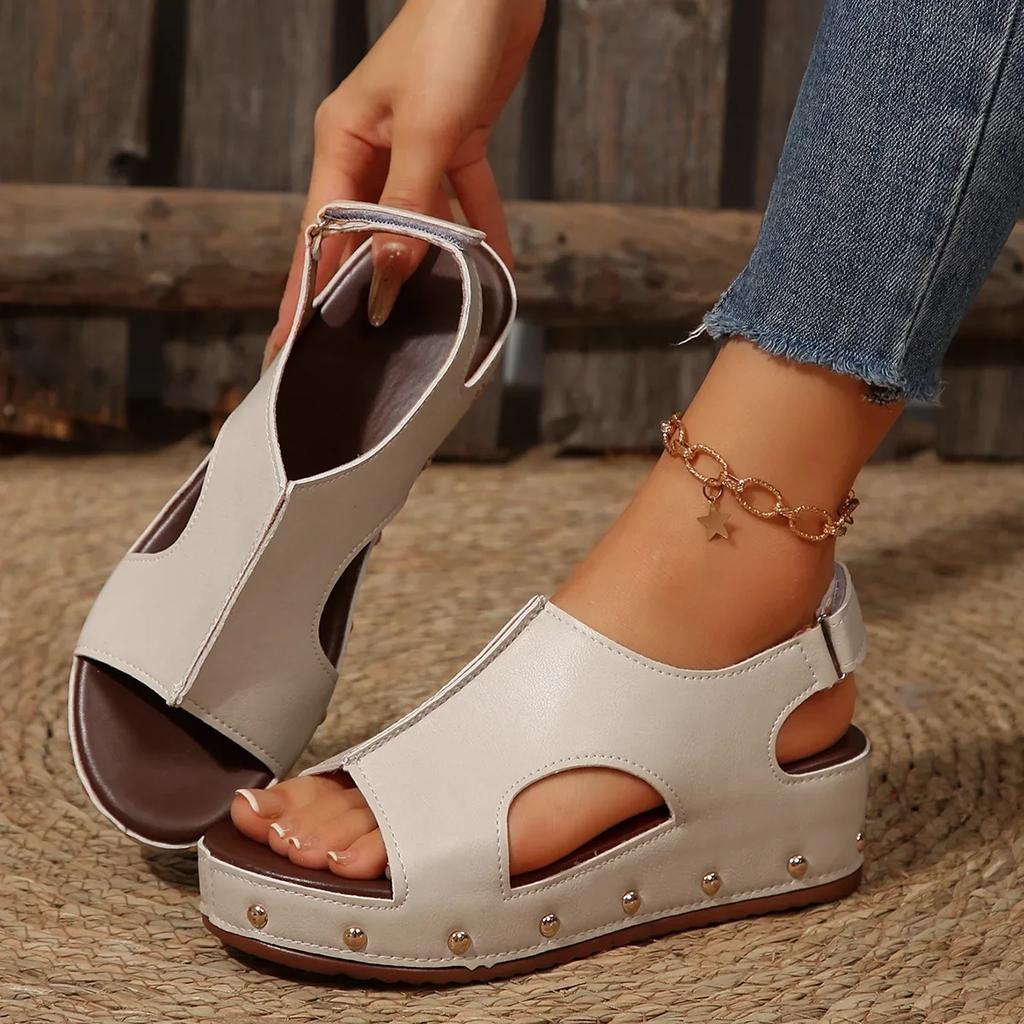 Fashion 2025 New Thick-soled Hollow Fish Mouth Sandals Women's Large-size Rivets Velcro Slope Heel Beach Sandals
