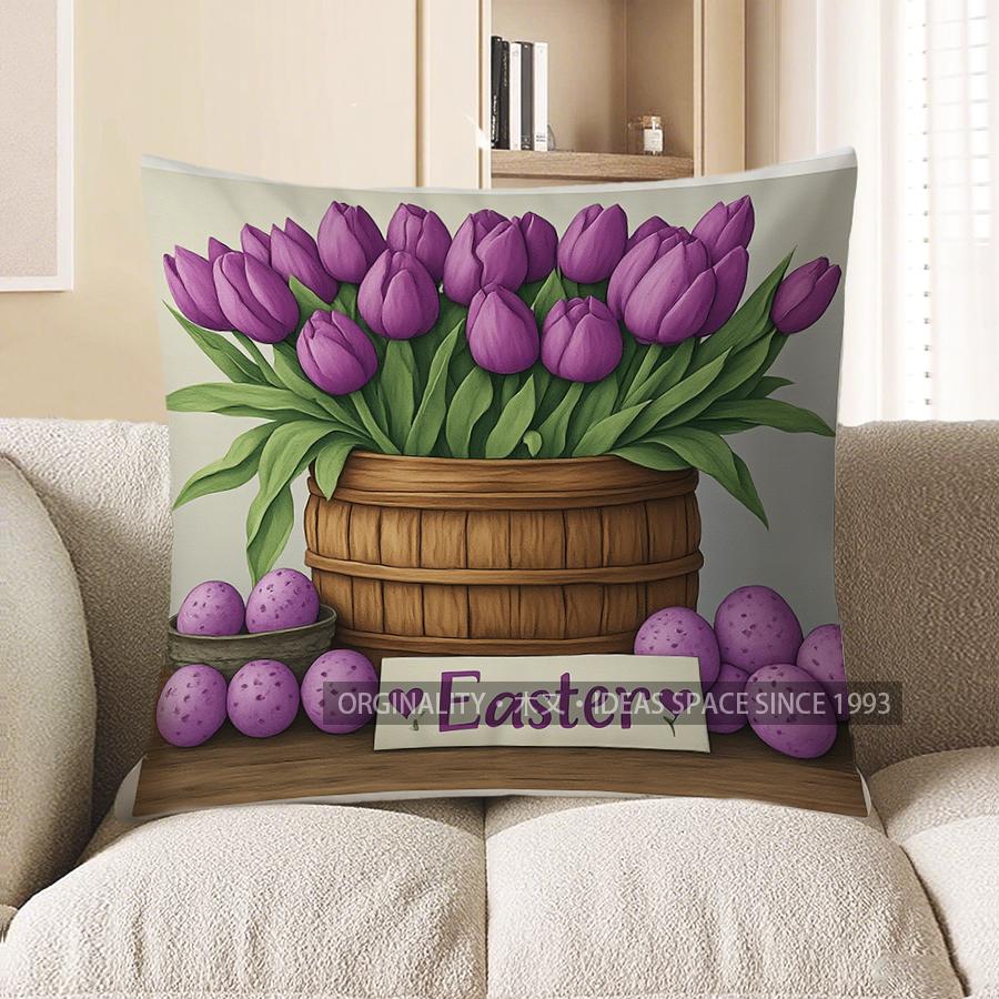 Heimdeko Osterhase mit Tulpen Dekorative Kissenbezug Muster Kissenbezug Geeignet für Sofa Schlafzimmer Auto Kissenbezug