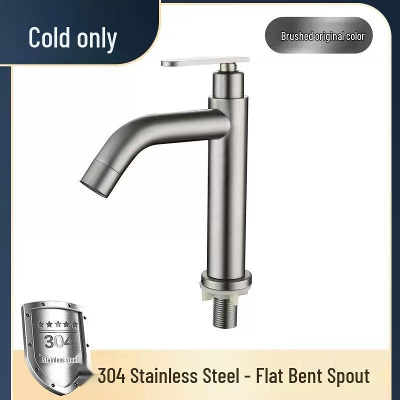 Brushed Stainless Steel Single Cold Water Washbasin Faucet for Flat or Countertop Basin Single Faucet