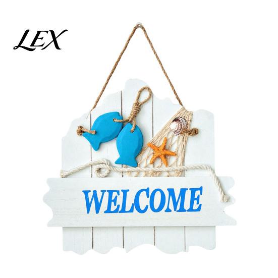 Handmade Coastal Art Mediterranean Style Wooden Welcome Sign, Starfish And Shells Hanging Nautical Sign Plaque, Decorative Wall for Home Porch