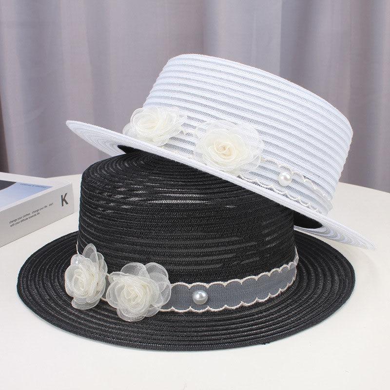 Transparent Straw Hat for Women Summer Beach Shade and Sun Protection Sun Hat Fashionable Temperament Floral Flat Top Hat