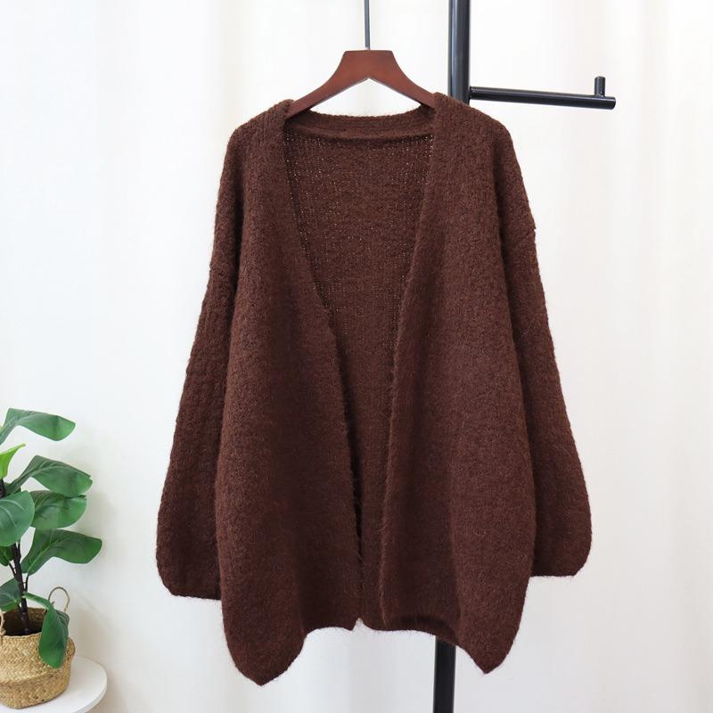 Autumn and Winter New Loose Soft Waxy Solid Color Lantern Sleeve Knitted Cardigan Lazy Wind Sweater Jacket Women