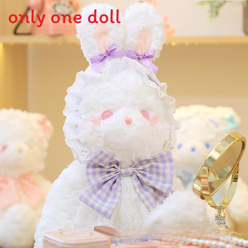 Plush Rabbit Bear Doll With Lace And Checkered Bow Decor For Girls Kids Birthday Gift And Sleep Support