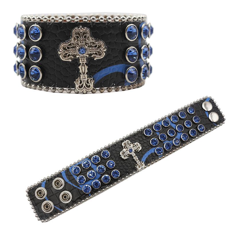 Cross-set Diamond Design Rhinestone Bracelet with Hip-hop Trendy PU Leather Bracelet Design
