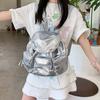 Sweet Women Daily School Bag Large Capacity Silver PU Daypack Korean Drawstring Backpack  Students
