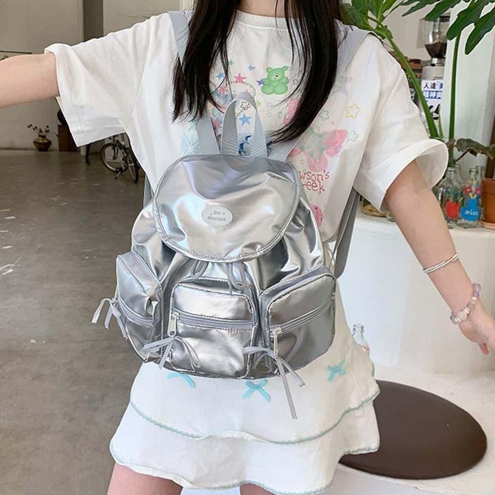 Sweet Women Daily School Bag Large Capacity Silver PU Daypack Korean Drawstring Backpack Students