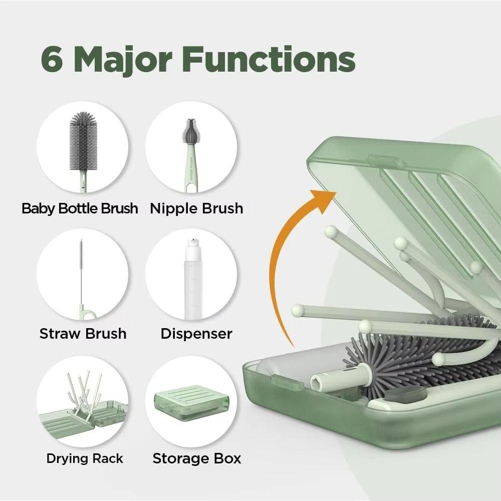 6 In 1 Set Bottle Cleaner Kit Compact Design Baby Bottle Brush Set Bottle Drying Rack  Baby Travel