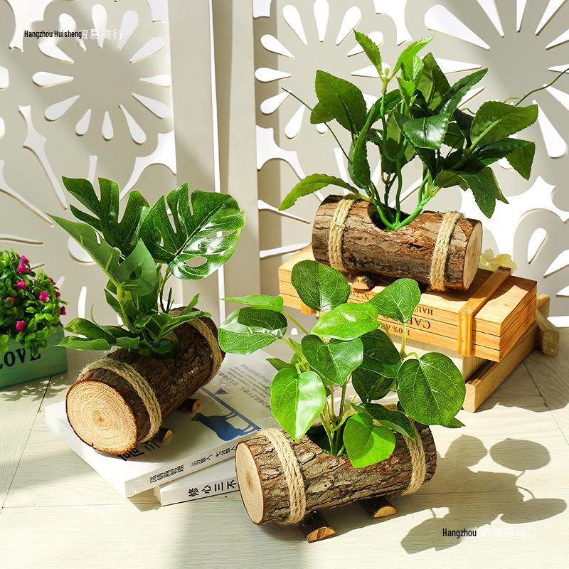 Creative Wooden Basin with Artificial Green Plant Bonsai Ornament for Display and Decoration.