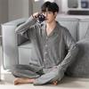 Korean Style Cotton Pajama Set with Checkered Pattern and Pocket - Long Sleeve, Full Length for Spring & Autumn