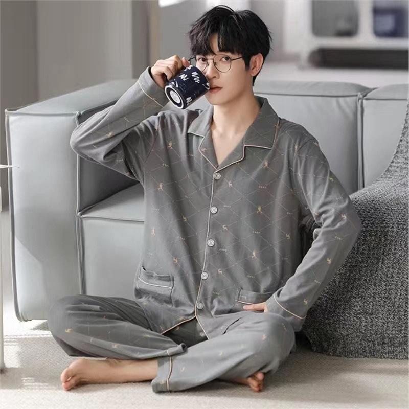 Men's Korean Style Cotton Cardigan Pajama Set - Long Sleeve & Pants for Spring & Autumn, Wearable Outdoors
