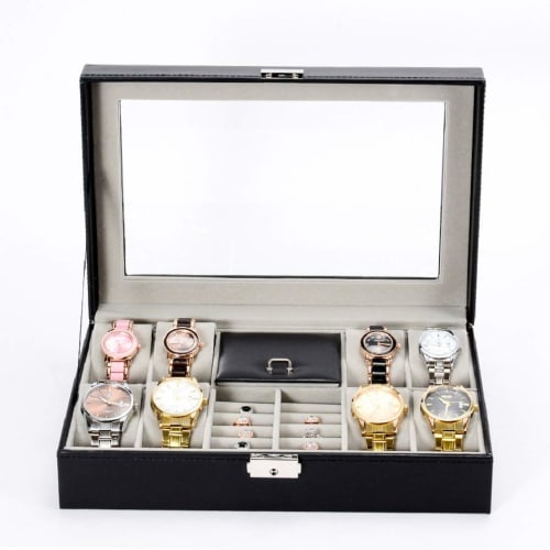 Anberotta Jewelry Watch Case Box, Holds 8 Watches, Accessories, Rings, Jewelry Storage Box with Glass, Collection AT12 (Black)