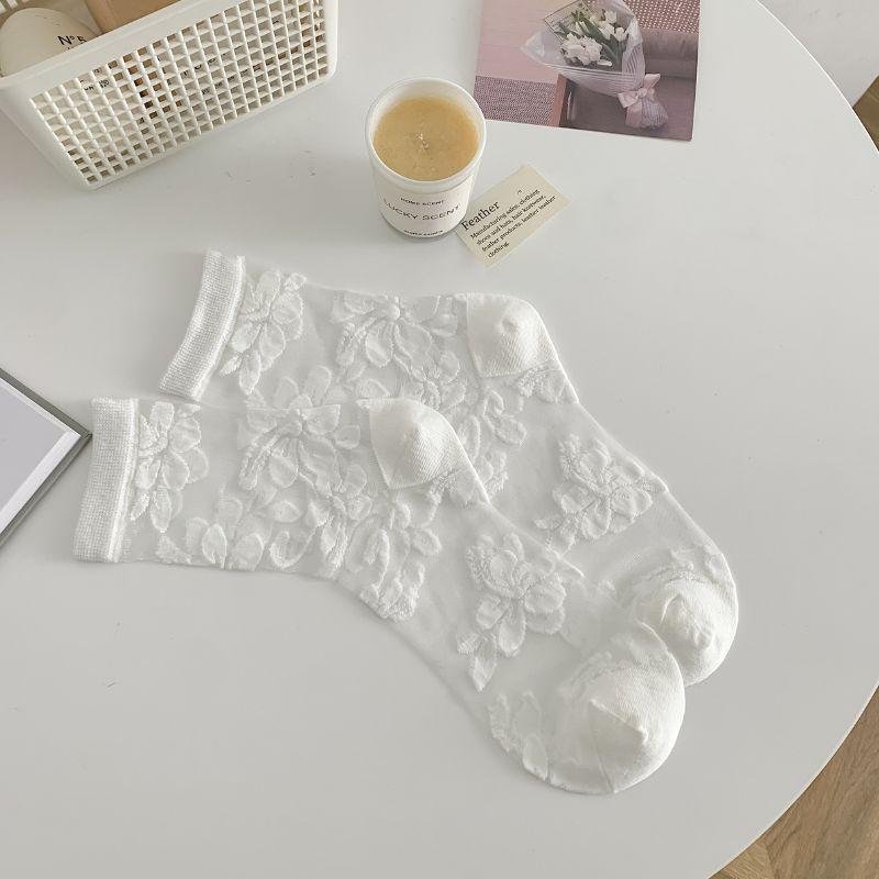 Women'S Socks Spring Summer Thin Cotton Socks Lace Flower Silk Fairy Stockings Hollowed Out Breathable Fashion Socks S