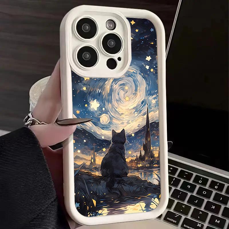 Starry Night Black Cat Moon Wave Silhouette Art  Phone Case for iPhone 17 16 15 14 13 12 11 Series Pro Max Plus