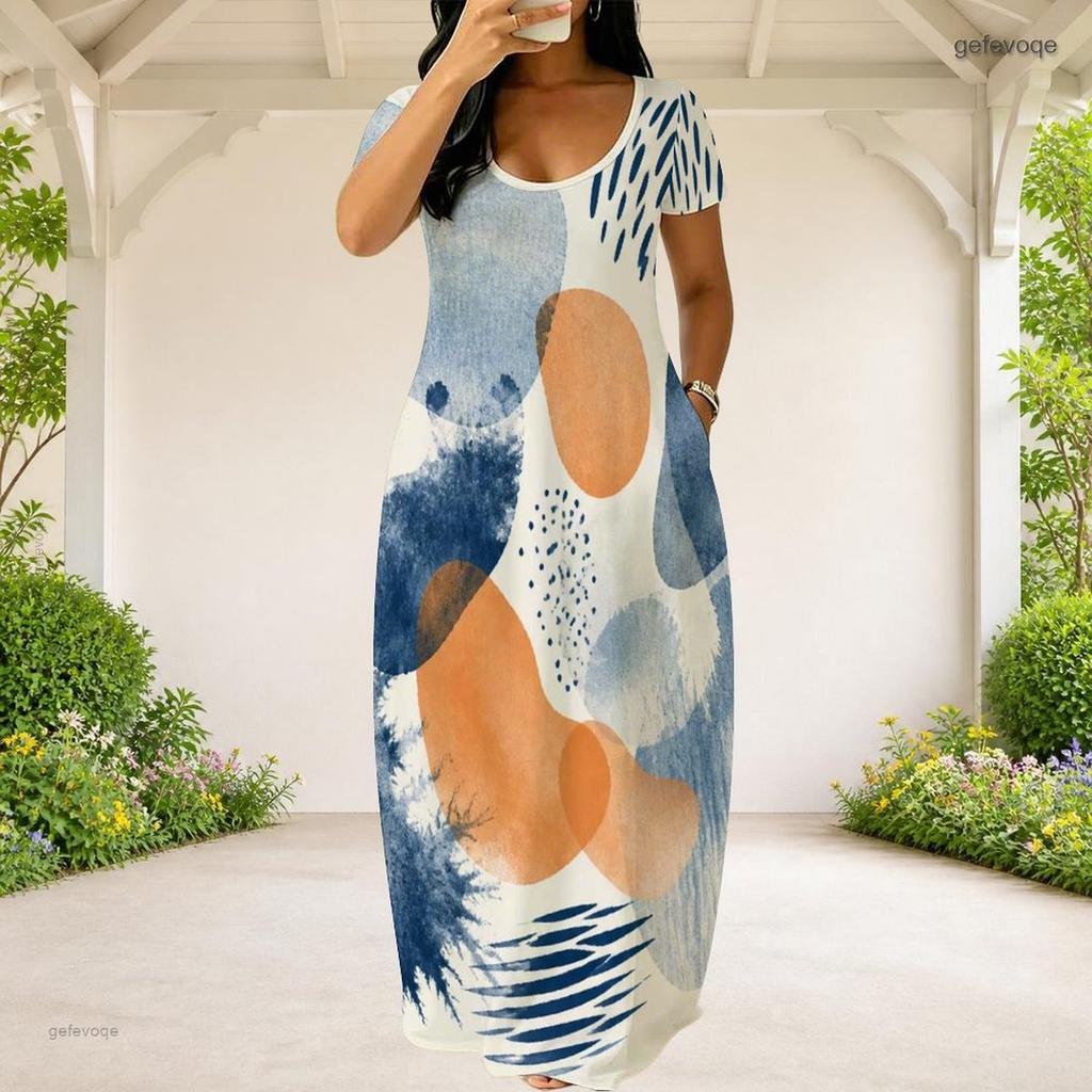 Women Plus Size Round Neck Short Sleeve Abstract Printed Loose White Long Dress With Side Pockets