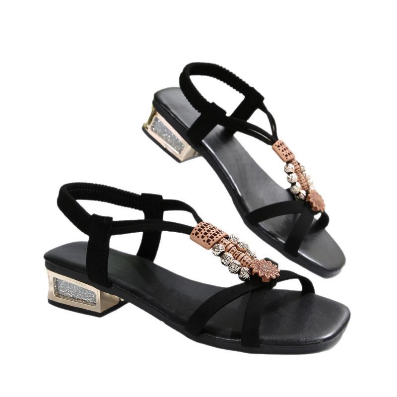 Square Toe Beaded Low-heeled Sandals Women's New 2025 Summer Thick-heeled Roman Sandals