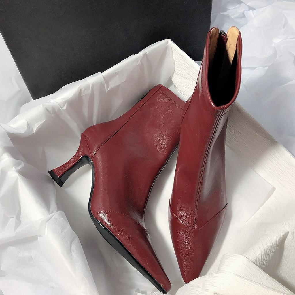 New Pointed Elegant Korean Heart Thin Boots Thin Heel Zipper High Heel Short Boots Women's Black Beige Brown