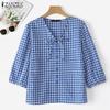ZANZEA Blusa Casual da Donna con Scollo a V Maniche 3/4 Ampi Stampa a Quadri