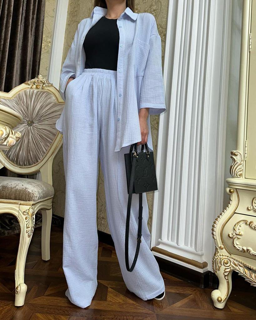 Conjunto de Camisa com Amarração e Calça de Pernas Largas Feminino Europeu e Americano Primavera 2024