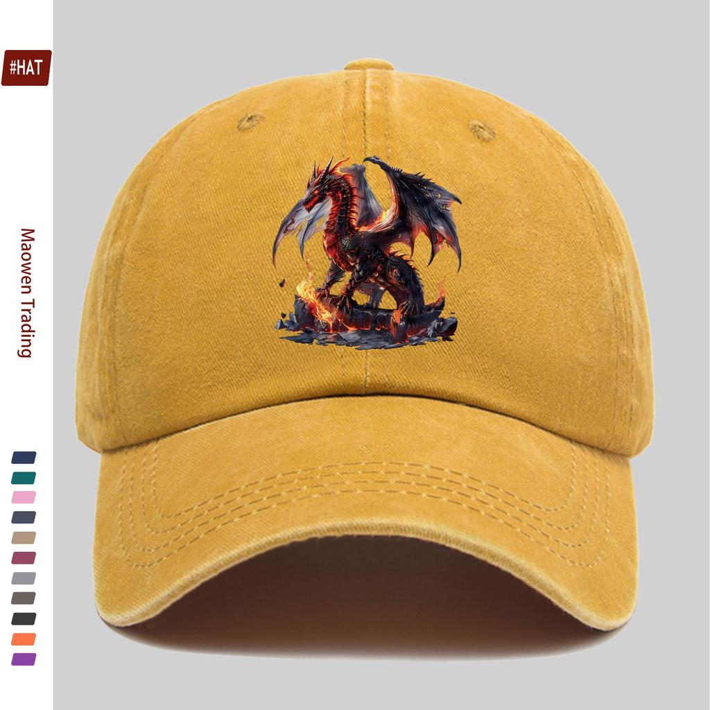 Pc Baseball Cap with Red Dragon Standing On Flaming Rock Pattern Print Fashionable Casual Fire Dragon Print Design Golf Cap H