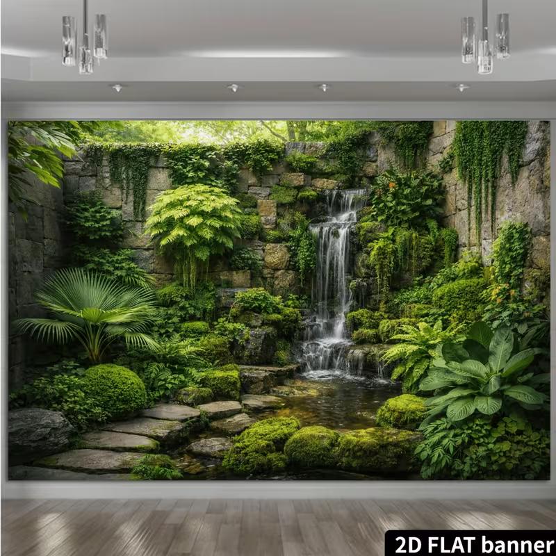 2D Zen Garden Backdrop with Waterfall and Stone Wall Photography Background