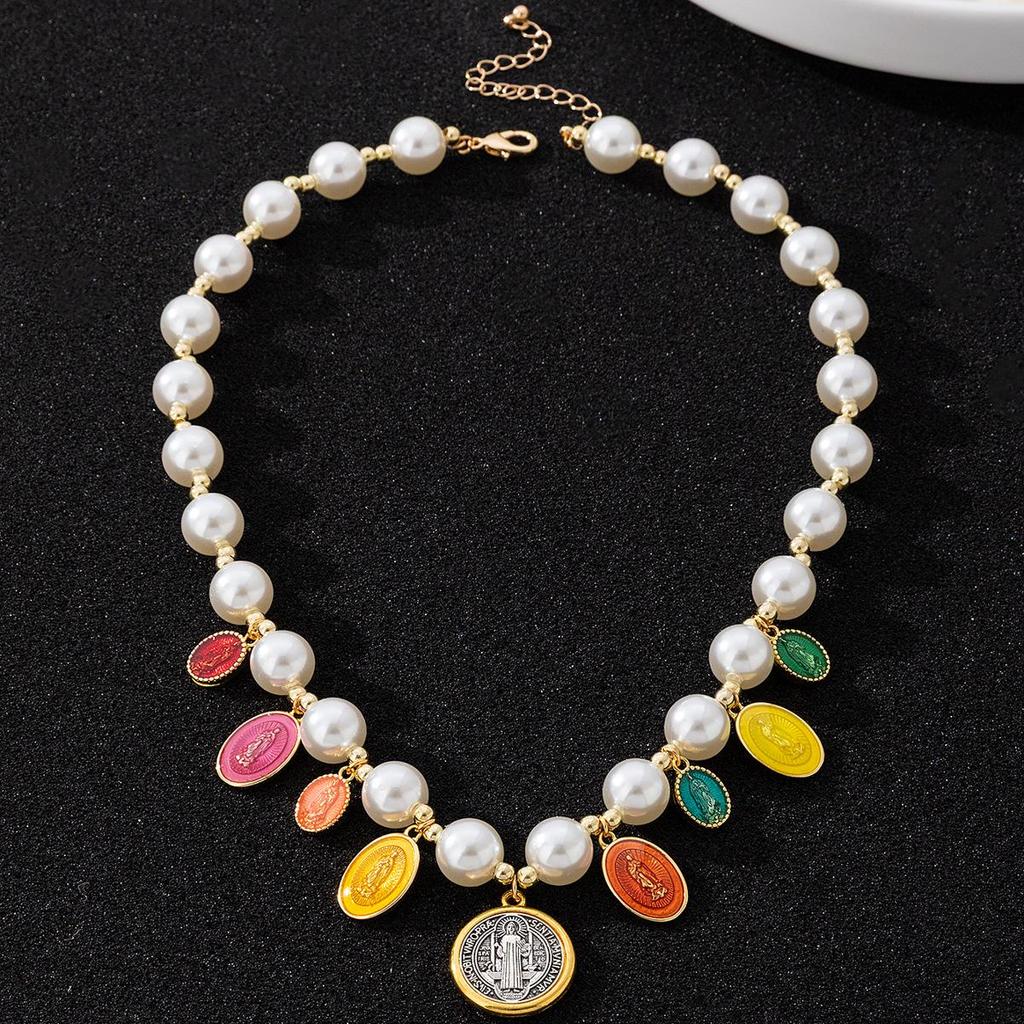 Vintage Religious Gold-Plated Pearl & Colorful Virgin Mary Pendant Necklace