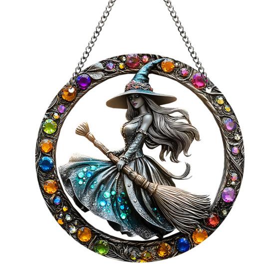 Halloween Witch Black Cat Hanging Sign 2D Flat Acrylic Broom Witch Round Sign Indoor Outdoor Porch Door Hanger Wall Hanging Decoration