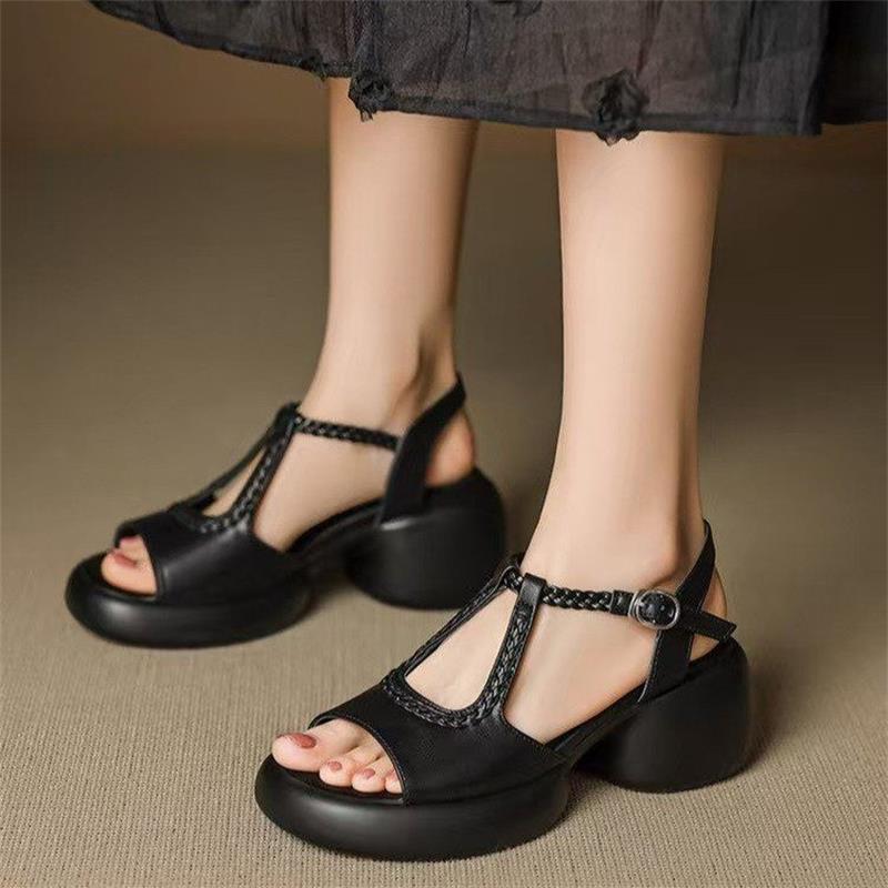 Summer High-heeled Roman Shoes Soft Leather 2025 New Versatile Casual Thick Heel Stepping On Shit Open-toed Thick-soled Woven Sandals