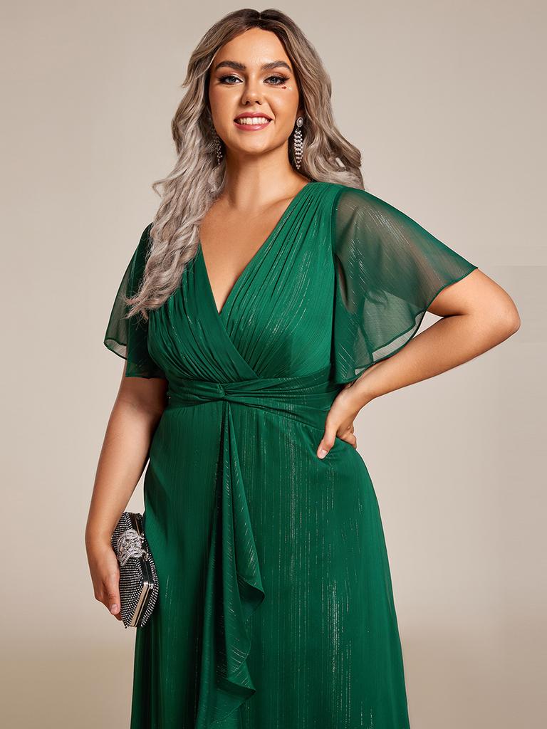Ever-Pretty Women's Plus Size Shimmer Short Sleeve A-Line Midi Wedding Guest Dress with Ruffled Hem