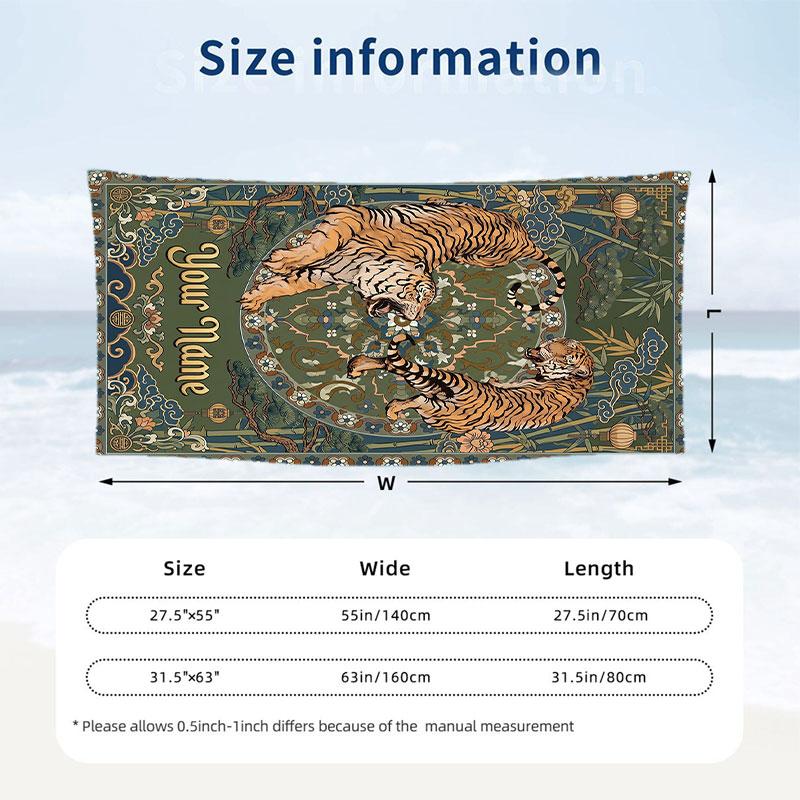 Tiger Art Poster Theme Quick Dry Beach Towel Custom Name Text Print Large Sand Resistant Towel Beach Vacation