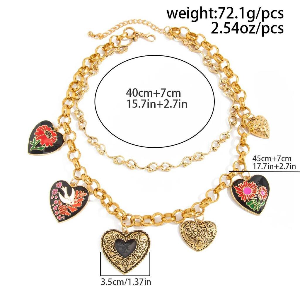 Salircon Vintage Luxury Colorful Alloy Heart Pendant Women Double LayerEnameled Flower Applique  Trendy Accessories Jewelry