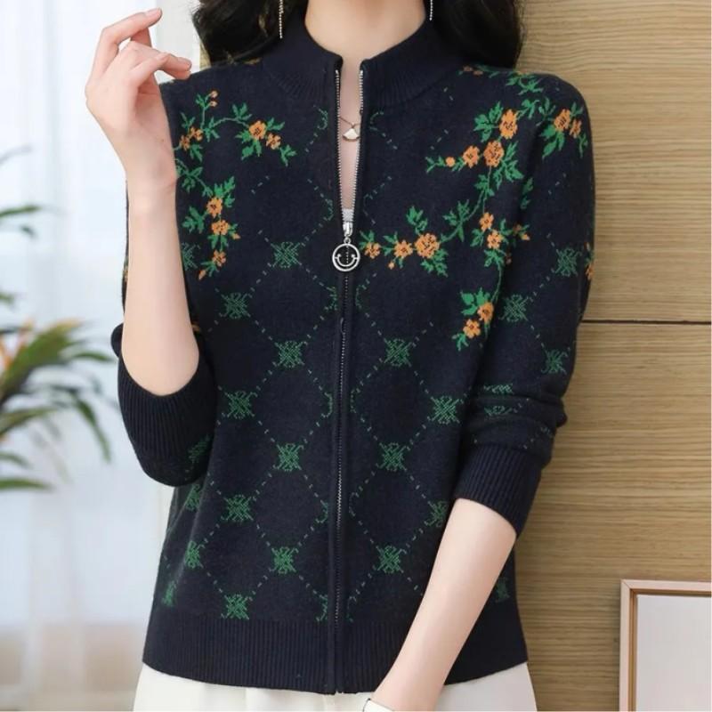 

Женский осенний кардиган с длинным рукавом, вязаный жаккардовый, с колорблокингом, приталенный, на молнии XS