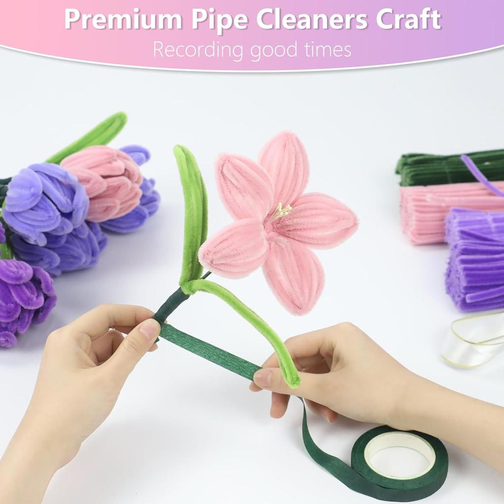 400 Pcs Pipe Cleaners Craft,4 Assorted Colors Pipe Cleaners Bulk, Chenille Stems for DIY Flower Making Kit with Floral Wires, Gardening Tape,(Purple)