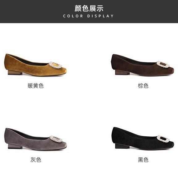 Sheepskin~ Grape Mom Noble Velvet Rhinestone Square Buckle Shallow Mouth Low Heel Single Shoes Women's Commuting Versatile Flat Bottom Banquet Shoes