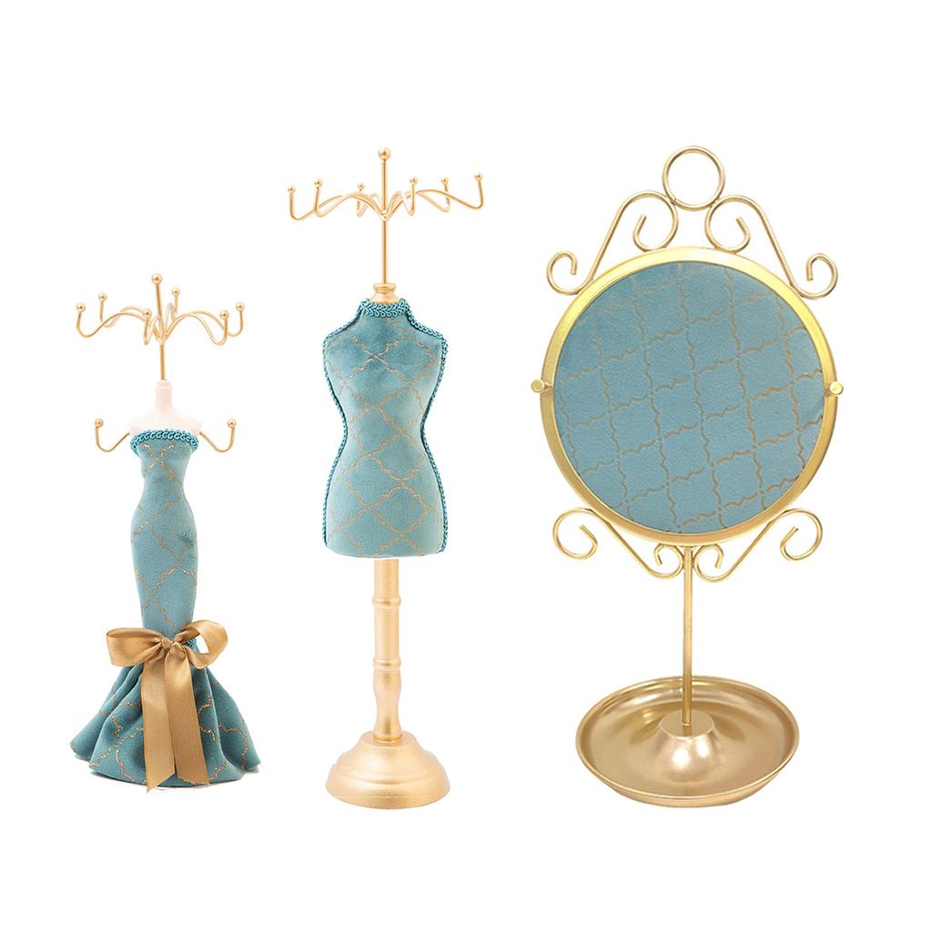 Elegant Jewelry Stand For Women Blue Mannequin Princess Dress Necklace Earring Stand Holder With Gold Accents