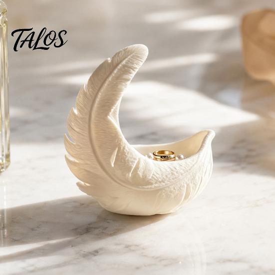 Warm Touch Home Accessory 3D Printed Feather & Crescent Moon Trinket Dish, Silk White Matte Decorative Design Storage Bowl, Artistic Multi-Functional