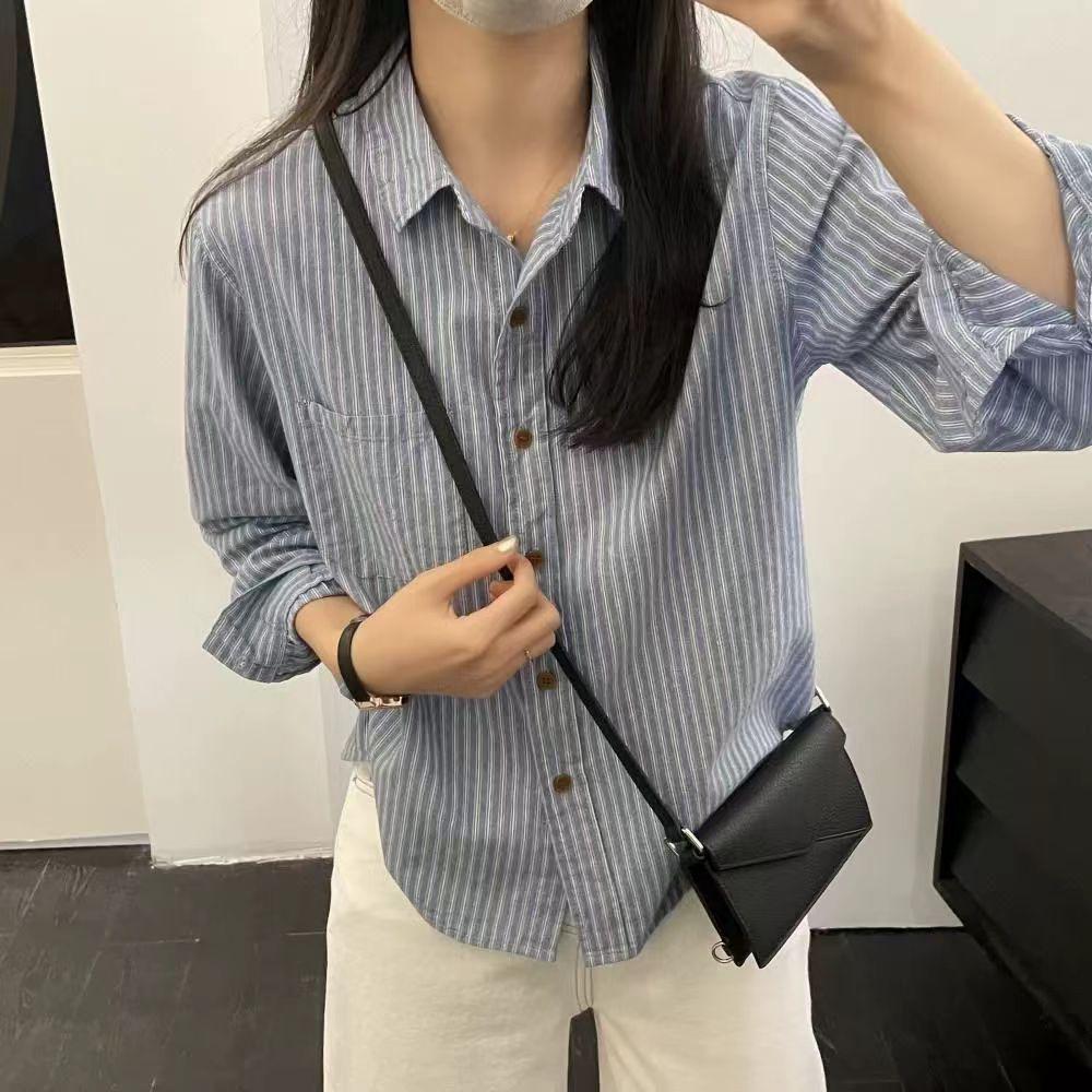 Versatile Retro Korean-Style Striped Cotton Cardigan: Artistic, Loose-Fit, Long-Sleeve Top for Spring/Autumn