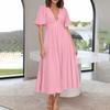 Puff Sleeve Vacation Dress For Women Summer  Deep V Neck Casual Short Sleeve A-Line Maxi Dresses
