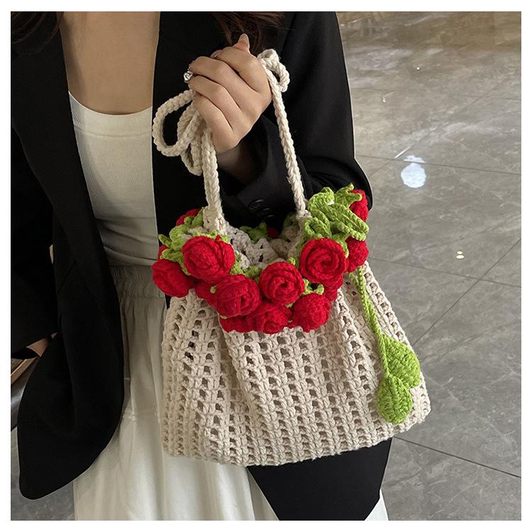 

Rose Bouquet Blanket Bucket Bag Handmade Crochet Material Bag Wool Knitted Messenger Bag Handmade Hook рожевий
