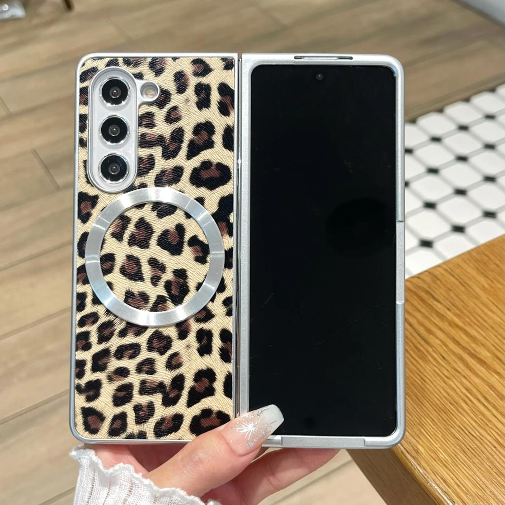 Higth Quality Busine Sle Leopard Pattern Leather Case for Samsung Galaxy Z Fold 7 6 5 4 Magnetic Magsafe Wireless Charge Cover