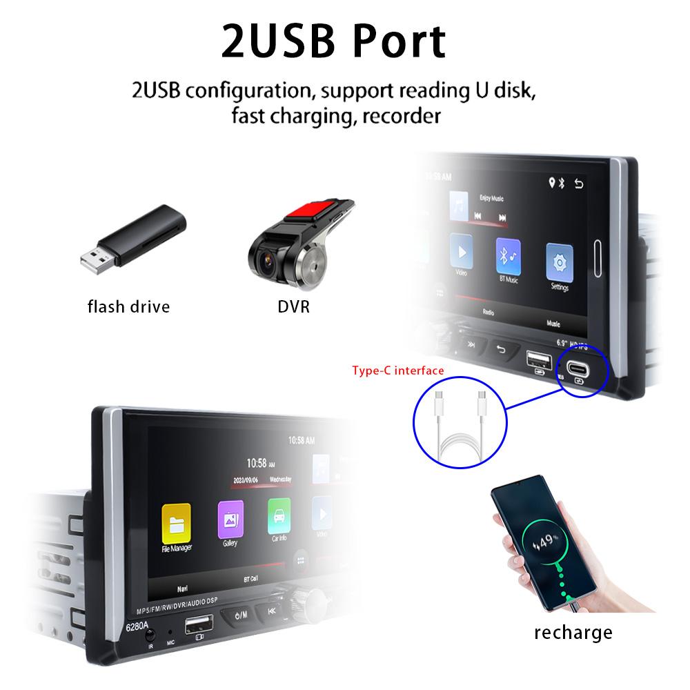 Reakosound 1 Din 6,9-calowy Android Radio samochodowe Autoradio 2 + 64 GB HD 1080P Samochodowy odtwarzacz MP5 z Bluetooth WIFI GPS Radio FM Lusterko wsteczne Link